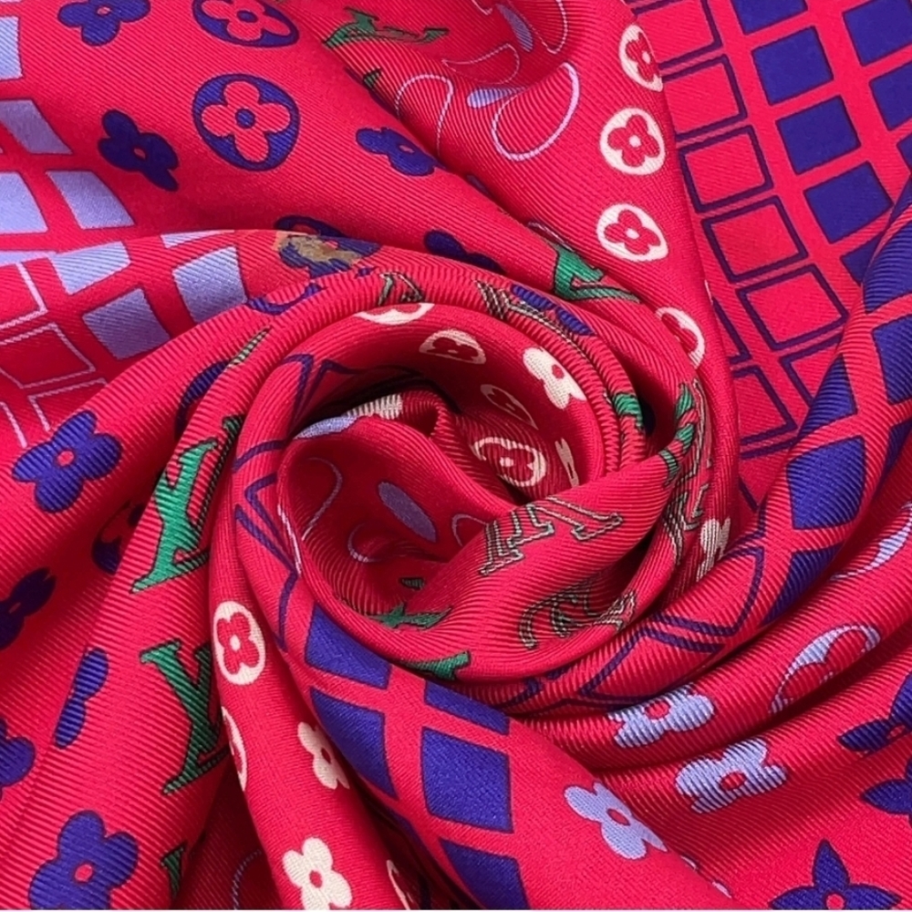 Auth Louis Vuitton Monogram red multicolor Silk Scarf W/Box - Picture 11 of 16